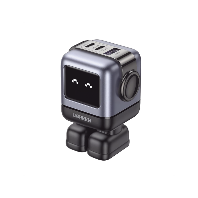 15570B Cargador RobotGaN de 65W Serie UNO | 3 Puertos de Carga Rápida | 2 USB-C | 1 USB-A | PD 3.0 | QC 4.0 | Carga Inteligente | Tecnología GaN II | Zapato Magnético Extraíble | Carcasa Ignifuga | Pantalla LED