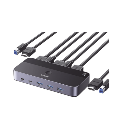 Conmutador KVM HDMI 4K | HDMI 2.0 | 2 Entradas 1 Salida | 4 Puertos USB 3.0 (3 USB-A *1 USB-C) | Soporta 4K@60Hz | HDR | Indicador Led | Compatible Win, MacOs y Linux | Carcasa de Aluminio. - Toer