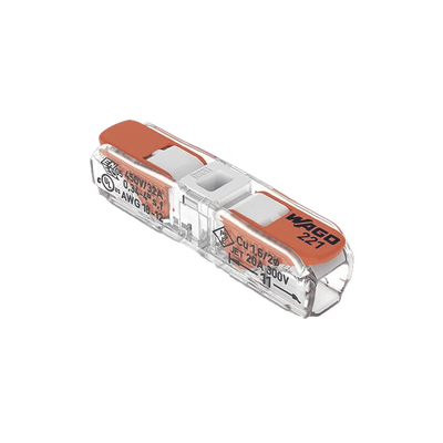 Conector de Instalación en Línea, 2 Polos, Tecnología CAGE CLAMP®, Palanca Naranja, 4 mm² Máximo, Transparente, 32A 450V, Certificaciones UL/cULus/ENEC