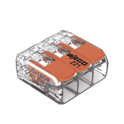 Borne de Conexión, 3 Conductores, Palancas Naranja, CAGE CLAMP®, 4 mm² Máx, Transparente, T85, 300V/32A, UL/ENEC