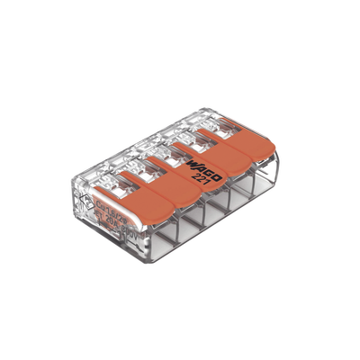 Borna de Conexión con Palancas, 5 Conductores, CAGE CLAMP®, 4 mm² Máximo, Transparente, 32A 450V, UL ENEC Certificado, Aplicaciones Residenciales e Industriales