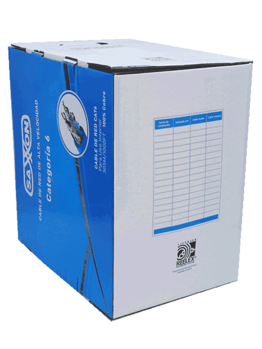 SAXXON OUTP6COP305B - Cable UTP Cat6 100% cobre, 305 metros, bobinado REELEX, color azul para interior. Certificado ISO9001, UL 444, RoHS, ANSI/TIA/EIA. Ideal para redes de datos y video.