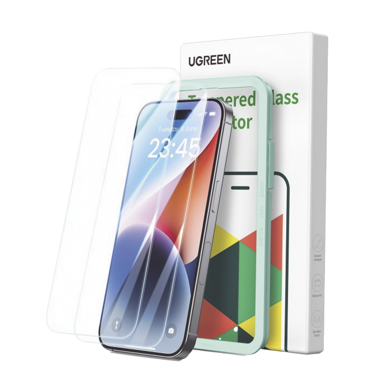 25587 Protector de pantalla UGREEN HD con marco de instalación para iPhone 15/16 (paquete de 2)