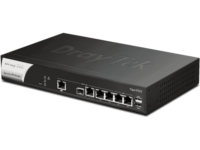 DrayTek VIGOR2962- Ruteador Multi-WAN Balanceador para PyMEs, hasta 200 túneles VPN, 1 puerto WAN 2.5GB, 1 combo SFP & RJ45 WAN, 2 puertos LAN & WAN GE, 2 LAN RJ45 GE, con filtrado web