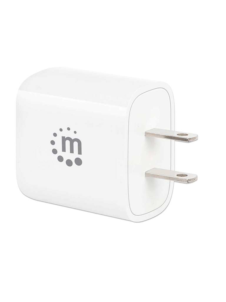 MANHATTAN - 406291 - Cargador de pared mini para carga de energía por USB de 2 puertos - 20 W / Puerto de suministro de energía USB-C de hasta 20 W, puerto de carga USB-A QC (de carga rápida) 3.0 de hasta 18 W, formato compacto, enchufe de EUA, blanco