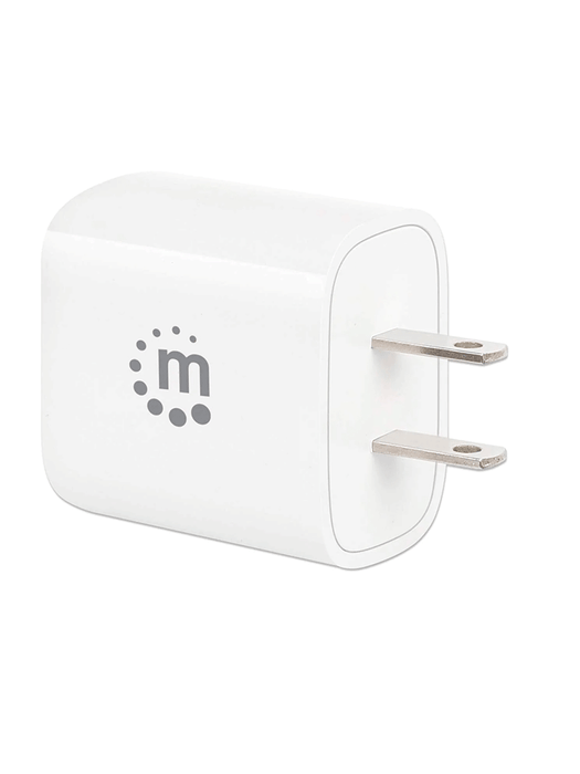 MANHATTAN - 406291 - Cargador de pared mini para carga de energía por USB de 2 puertos - 20 W / Puerto de suministro de energía USB-C de hasta 20 W, puerto de carga USB-A QC (de carga rápida) 3.0 de hasta 18 W, formato compacto, enchufe de EUA, blanco