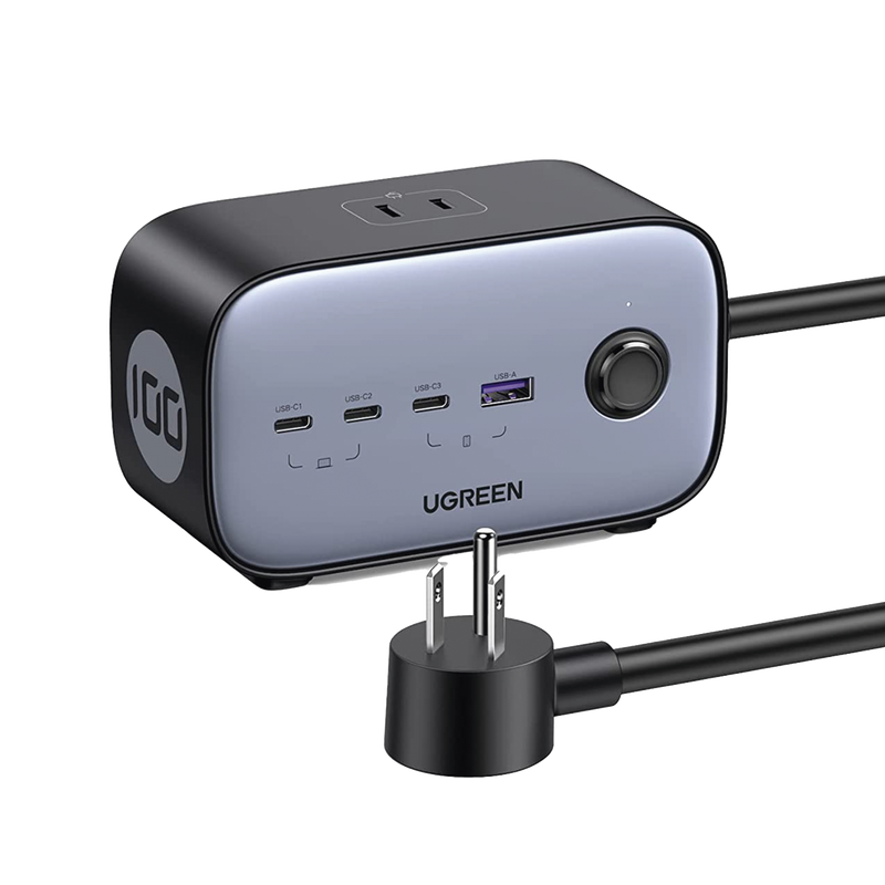 40896 Cargador de Escritorio y Tomacorriente Múltiple | 3 Puertos USB-C | 1 Puertos USB-A | 3 Tomacorriente de CA | Tecnología GaN II | 1 USB 100W PD | Carga Rápida | Diseño Innovador en Forma de Cubo | Interruptor de Apagado.
