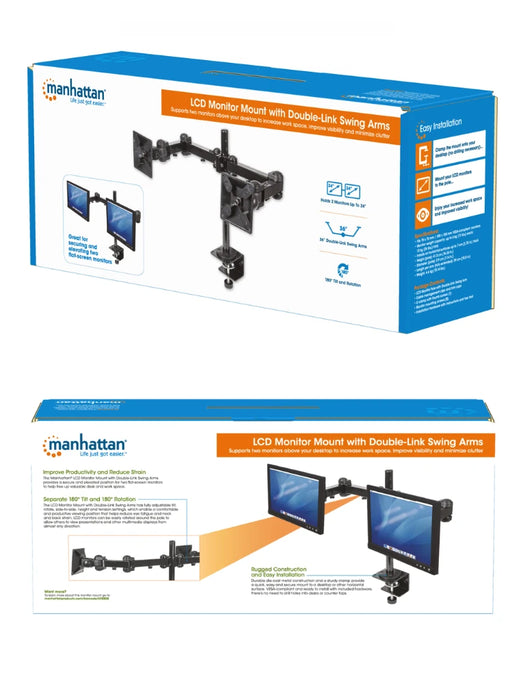 MANHATTAN - 420808 - Soporte para monitor, de escritorio, movimiento articulado, 2 pantallas planas de 13" a 24" máximo 6 kg cada uno / Soporta dos monitores, brazo con movimiento de dos puntos