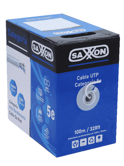 SAXXON OUTP5ECOP100BC - Bobina de Cable UTP Cat5e 100% Cobre/ 100 Metros/ Color Blanco/ Uso Interior/ 4 Pares/ Soporta Pruebas de Rendimiento/ Ideal para Cableado de Redes y Video/