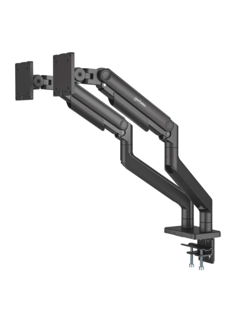 MANHATTAN - 462587 - Soporte aluminio sistema pistón 2 monitores 17" a 45" / Brazos articulados sujetan 2 monitores 17" a 45" hasta 20 kg c/u, mov completo: ajustes altura, inclinación, giro y rotación, instalación abrazadera C o pasacables, negro