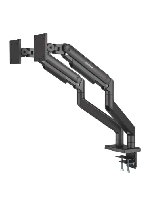 MANHATTAN - 462587 - Soporte aluminio sistema pistón 2 monitores 17" a 45" / Brazos articulados sujetan 2 monitores 17" a 45" hasta 20 kg c/u, mov completo: ajustes altura, inclinación, giro y rotación, instalación abrazadera C o pasacables, negro