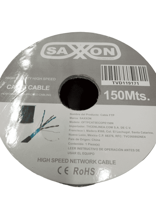 SAXXON OFTPCAT5ECOPE150N - Bobina de Cable FTP Cat5e 100% Cobre/ 150 Metros/ Blindado/ Color Negro/ Uso Exterior/ Ideal para Cableado de Redes de Datos y Video/ Cert ISO9001/ UL / RoSH/