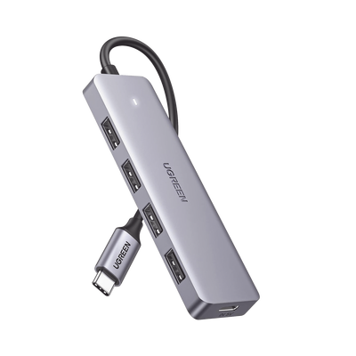 HUB USB-C 3.0 4 EN 1 | 4 Puertos USB-A (5Gbps) | Carcasa ABS + PC | Soporta OTG | Luz Indicadora LED | Compatible con iPhone 15 Pro MAX) | Interfaz Niquelada | Color Gris Metalizado | Cable de 15cm. - Toer