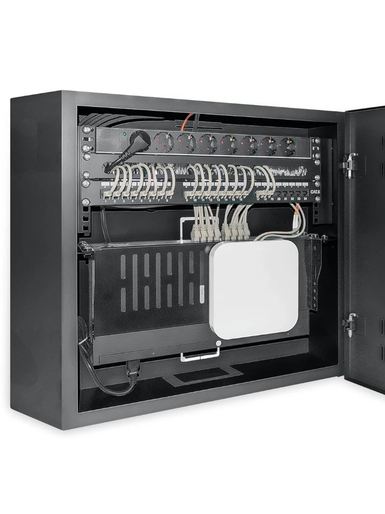 INTELLINET 713689 - Gabinete mural 19" de tamaño reducido / Caja delgada que ahorra espacio con sólo 17.0 cm de profundidad, 4U de rieles horizontales y 2U de rieles verticales / Negro