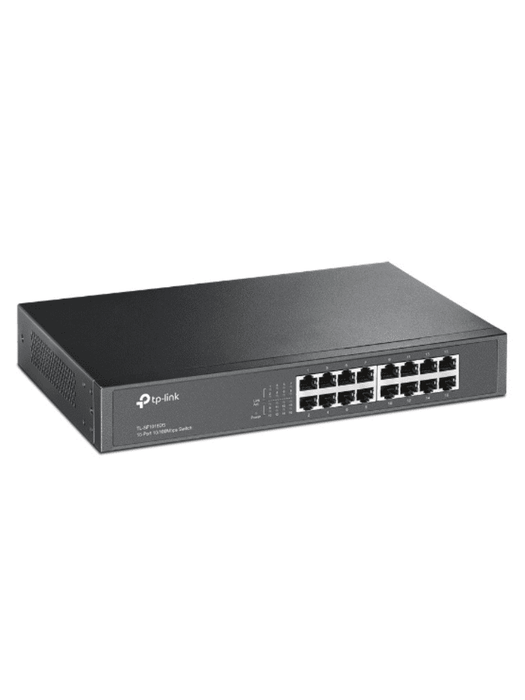 TP-LINK TL-SF1016DS - Switch no administrable con 16 puertos Fast Ethernet, diseñado para montaje en rack o en escritorio.