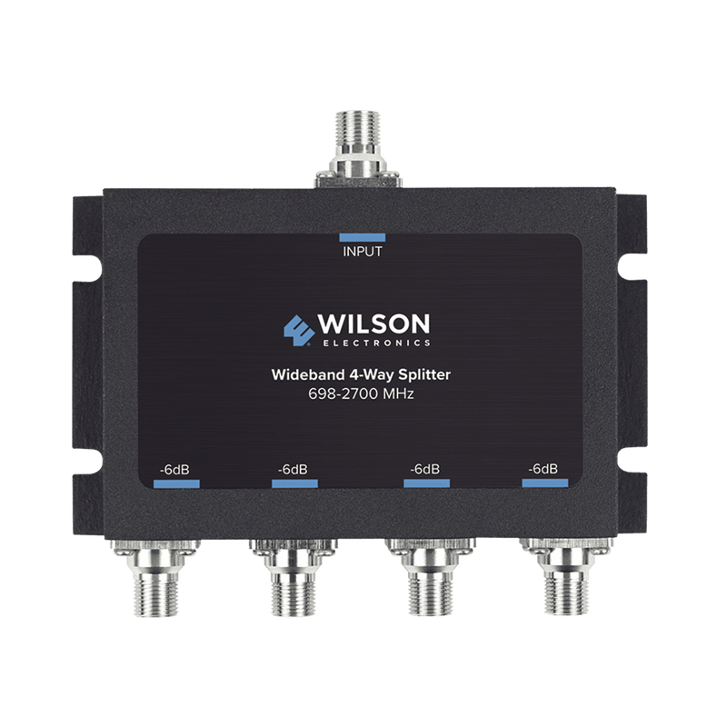 Divisor de potencia de 4 vías para la distribución de señal a dos antenas de servicio | 6 dB de pérdida por puerto | Conectores F hembra