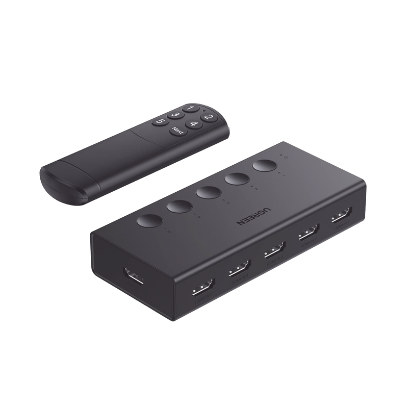90512 Conmutador HDMI 5X1 | 4K@60Hz | HDMI 2.0, 1.4 |  HDCP 2.2, 1.4 | VRR | Dynamic HDR | 3D | CEC | EDID | IR 10m | 18Gbps | Cambio Manual y por Control Remoto |  Incluye Cable de Alimentación USB.