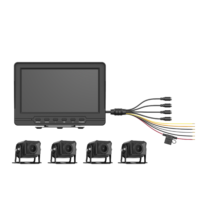 AE-VD2501A-A Sistema de Monitoreo Local / 4 Cámaras 1080p para Exterior (IP68) y Pantalla LCD de 7 a Color / Memoria Micro SD de 64 GB (Expandible a 512 GB) / Soporta Cambio de Cámara al Dar Reversa al Vehiculo / Accesorios de Instalación