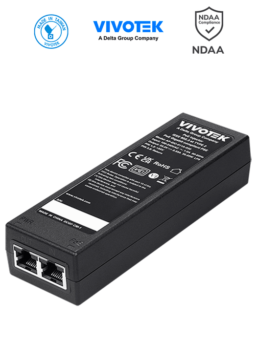 VIVOTEK AP-GIC-011A-030 - Inyector PoE Gigabit, 30W, 1 puerto, 802.3af/at, NDAA, 55VDC/0.55A,  Proteccion 6KV