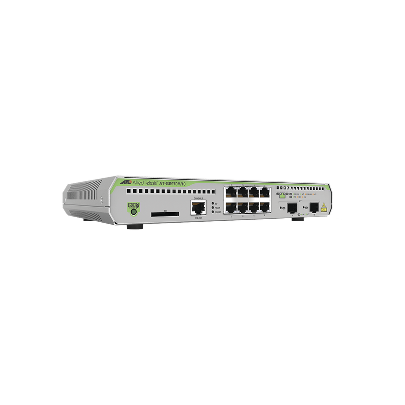 Switch Administrable CentreCOM GS970M, Capa 3 de 8 Puertos 10/100/1000 Mbps + 2 puertos SFP Gigabit