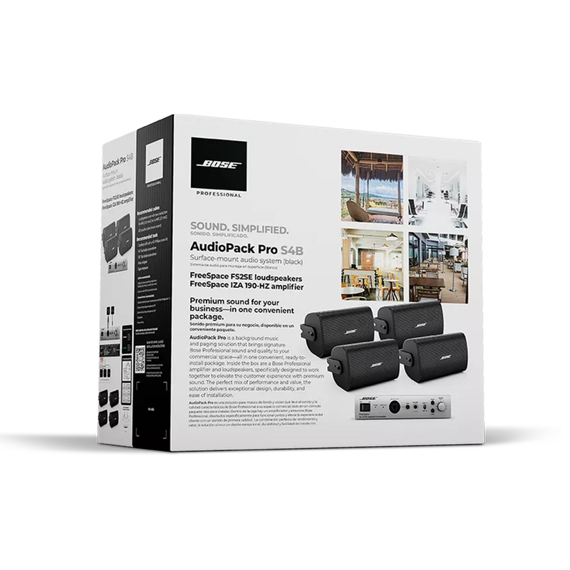 AUDIO-PACK-PRO-S4 Kit de Audio Freespace | 4 Altavoces de Pared + Amplificador | Color Negro | Ideal para Audio Ambiental