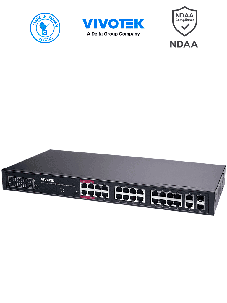 VIVOTEK AW-GEL-285A-380  - Switch PoE  24 puertos Administrable Lite, 20 puertos GE 30W PoE, 4 puertos GE 90W PoE, 2 puertos GE UTP, 2 puertos GE SFP, lite managed PoE, 56 Gbps, 380W totales, PoE Extendido 250 Mts, NDAA