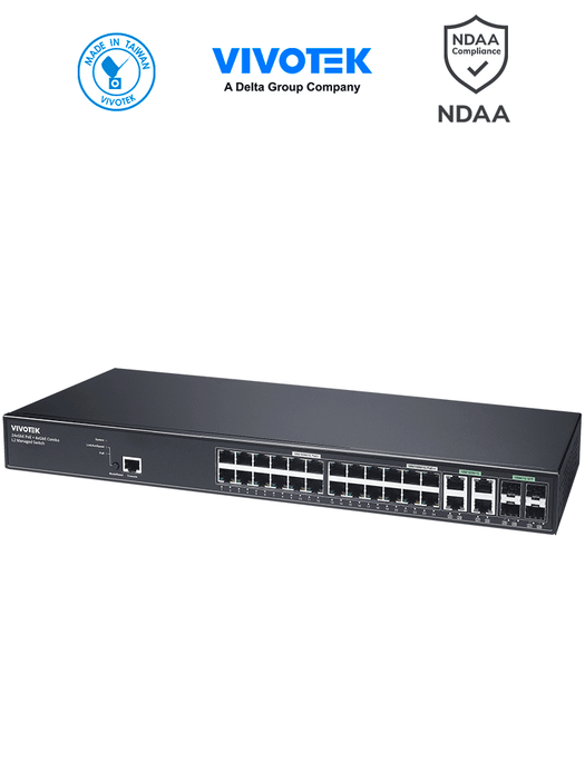VIVOTEK AW-GEV-288A-370 - Switch PoE Administrable 24 puertos Gigabit, 20 x GbE Poe 30W, 4x GbE Poe 90W,  4x GbE/SFP Combo, L2, VIVOCAM para Videovigilancia, 56Gbps, 370W Totales, Extended PoE, NDAA