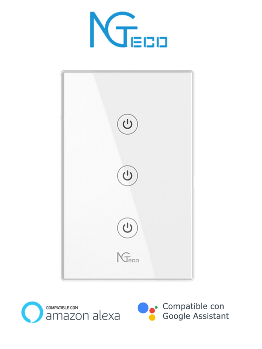 NGTECO NGS103 - Apagador Inteligente WiFi 3 Botones Touch / Control Remoto vía App / Control por Voz / Temporizador / Panel Táctil de Alta Sensibilidad / WiFI 2.4 GHz / Se requiere Cable Neutro / Compatible con Alexa y Asistente de Google