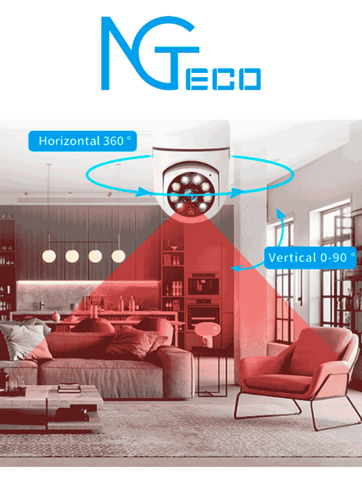 NGTECO NGSH01C2IN - Cámara Inteligente WiFi / 3MP / Visión PTZ 355° / Lente HD 4mm / Visión Nocturna IR + Luz Blanca / Audio 2 Vias / Almacenamiento Local y en la Nube / Onvif / Compatible con Alexa y Asistente de Google