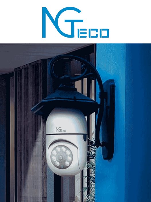 NGTECO NGSH01C2IN - Cámara Inteligente WiFi / 3MP / Visión PTZ 355° / Lente HD 4mm / Visión Nocturna IR + Luz Blanca / Audio 2 Vias / Almacenamiento Local y en la Nube / Onvif / Compatible con Alexa y Asistente de Google
