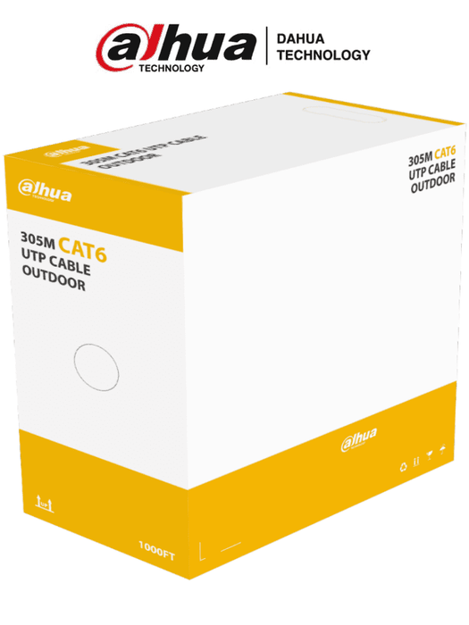 DAHUA PFM920-6U - Bobina de cable UTP Cat6 para exterior Dahua PFM920-6U. Con 305 metros de 100% cobre, cubierta MDPE resistente y color negro, cumple con ANSI/TIA 568-C.2, RoHS, y es retardante de flama, ideal para instalaciones seguras.