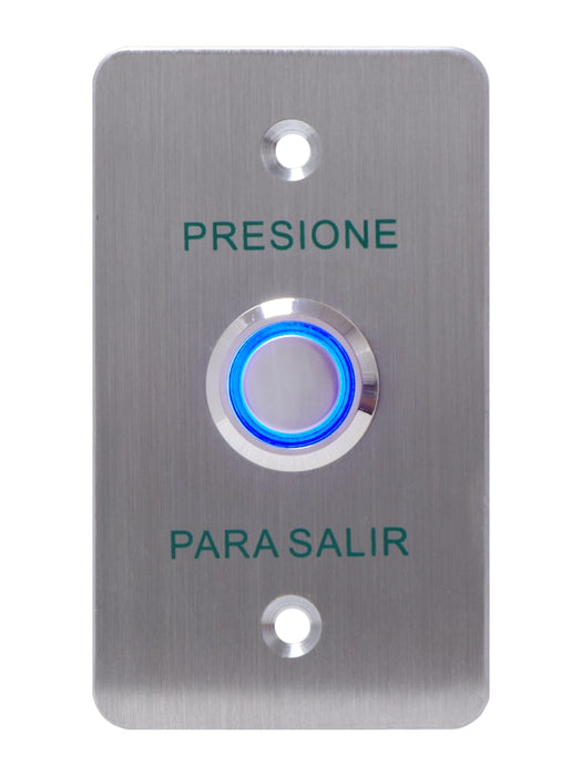 YLI PBK814BLED - Botón de Salida Mecánico, Indicador LED (Azul), Acero Inoxidable, 12 VCC, Función NC/NO