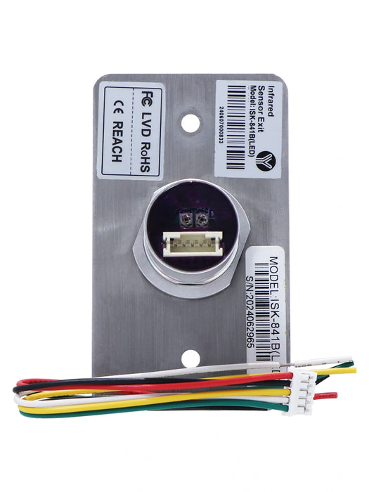 YLI ISK841BLED - Botón de Salida sin Contacto, Indicador LED, Acero Inoxidable, 12 VCC, Función NC/NO, Distancia de Detección y Retardo del Relevador Ajustables