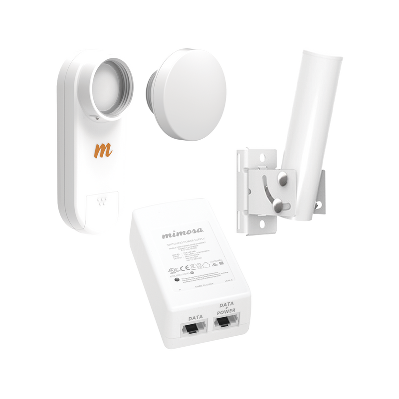 C5X-N12-PACK Kit de radios C5X, rango de frecuencia extendida (4.9 a 6.4 GHz),  incluye inyector POE, montaje universal para tubo o poste Y una antena de 12 dBi