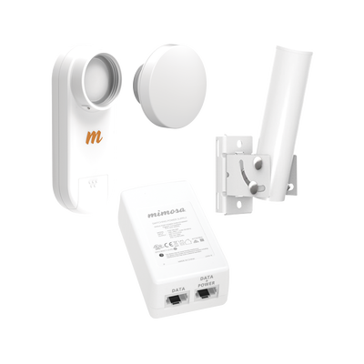 Kit de radio C5X, rango de frecuencia extendida (4.9 a 6.4 GHz),  incluye inyector POE, montaje universal para tubo o poste Y una antena de 12 dBi