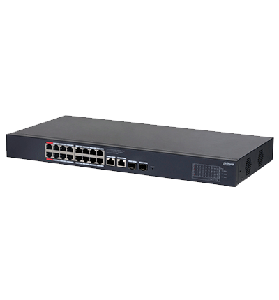 DAHUA DH-CS4220-16GT-190 Switch Poe de 16 Puertos Gigabit con PoE inteligente, puerto rojo de 90W, 190W totales, 2 puertos SFP, PoE Watchdog, switching de 40 Gbps y protección avanzada contra descargas. Plataforma DoLynk Care/