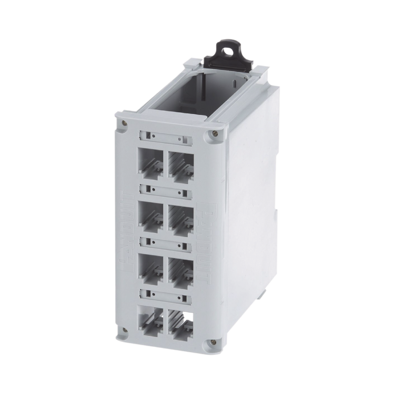 CDPP8RG Panel de Parcheo Modular para Cobre, de Instalación en Riel DIN Estándar de 35mm, 8 Puertos Mini-Com, Color Gris