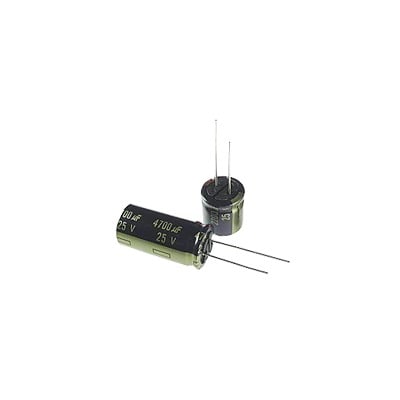 CE470/10V Capacitor Electrolítico de Aluminio, Radial de 470 µFd, 10 Volt, 105 °C, 6.3 x 11 mm.