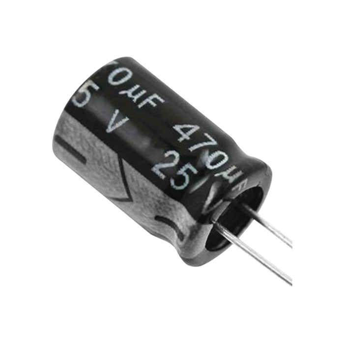 Capacitor Electrolítico de Aluminio, Radial de 470 µFd, 25 Vcc, 105 °C, 8  x 15 mm.