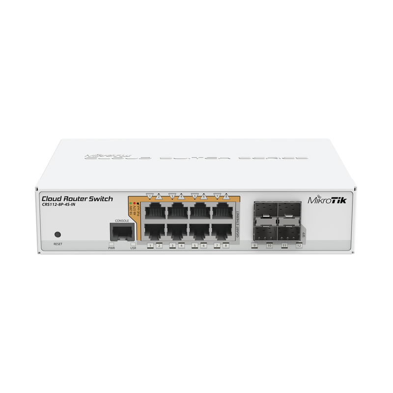 CRS112-8P-4S-IN Cloud Router Switch Administrable L3, 8 puertos 10/100/1000 Mbps c/PoE Pasivo ó 802.3af/at, 4 Puertos SFP