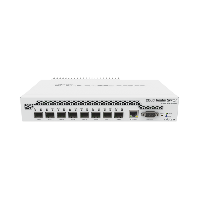 CRS309-1G-8S+IN (CRS309-1G-8S+IN) Switch administrable Sistema Operativo Dual, puerto 1G Rj45, 8 puertos 10G SFP+ para Escritorio