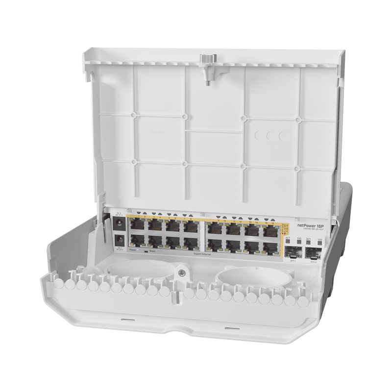 CRS318-16P-2S+OUT (netPower 16P) Switch administrable Sistema Operativo Dual, 16 puertos c/PoE, 2 puertos 10G SFP+ para Exterior
