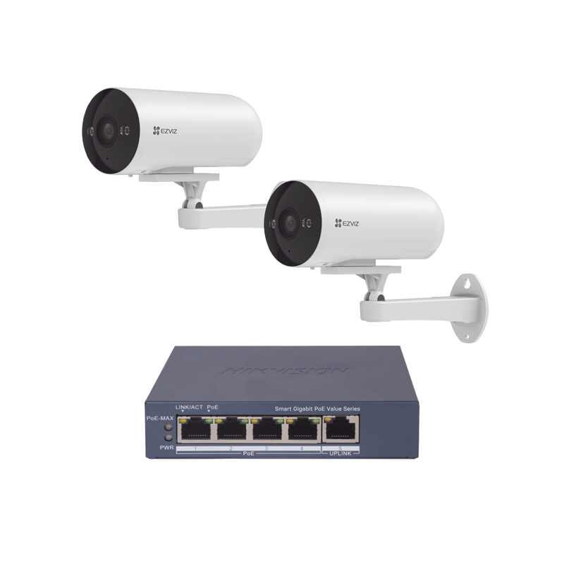 Kit de cámaras PoE Para Uso en Exterior / PoE Estandar Af / 2 piezas CS-H5/3MP/ 1 Pieza de Switch DS-3E1505P-EI/M / Vision Nocturna a Color / IP67 / Audio Bidireccional / Luz y Sirena / 4 Puertos 1000 Mbps PoE+ / 1 Puerto 1000 Mbps Uplink