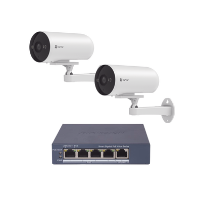 Kit de cámaras PoE Para Uso en Exterior / PoE Estandar Af / 2 piezas CS-H5/3MP/ 1 Pieza de Switch DS-3E1505P-EI/M / Vision Nocturna a Color / IP67 / Audio Bidireccional / Luz y Sirena / 4 Puertos 1000 Mbps PoE+ / 1 Puerto 1000 Mbps Uplink