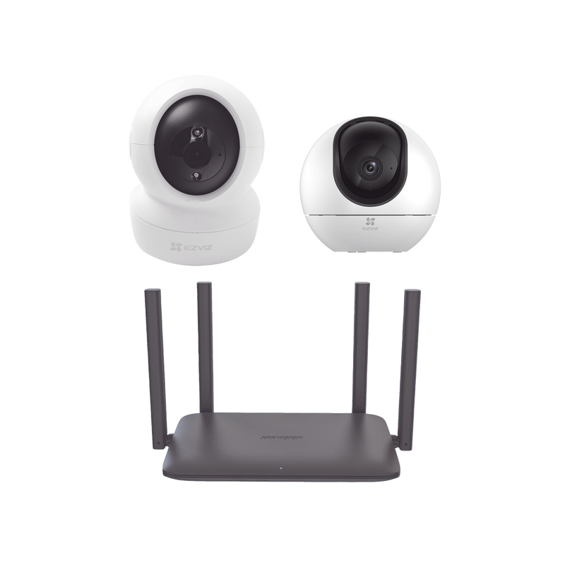 CS-H6-C6N/KR Kit de Camaras Wi-Fi Para Interior, Incluye 1 pieza CS-H6 / 1 Pieza C6N / 1 Pieza de Router DS-3WR15X / Seguimiento Inteligente / Ranura para Memoria / Audio de Dos Vías / Wifi 6 / 4 Puertos 1000 Mbps