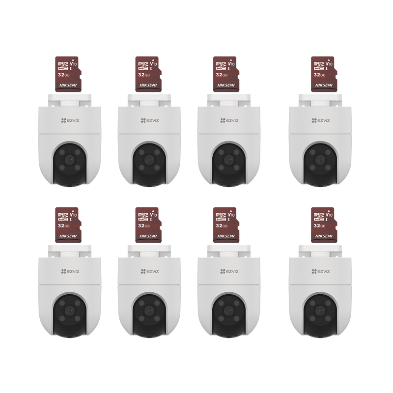 Kit de Camaras WiFi, Incluye 8 Piezas CS-H8C y 8 Piezas HS-TF-E1/32G / Audio de Dos Vías / Detección de Movimiento /  Luz Blanca / Sirena  /  Uso en Exterior con Protección