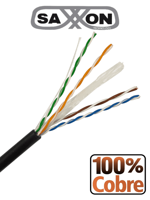 SAXXON OUTP6COP305NE - Bobina de cable UTP Cat6 100% cobre, 305 metros, exterior, con cubierta LDPE, 4 pares, cumple con ISO/IEC 11801 Ed2, EIA/TIA568B y UL. Ideal para redes y video.