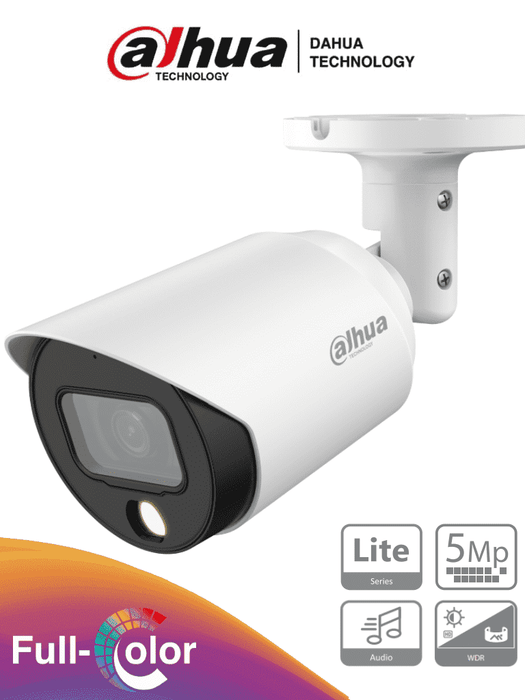 DAHUA HAC-HFW1509T-A-LED - Cámara Bullet Full Color de 5 Megapixeles/ Lente de 3.6 mm/ Micrófono Integrado/ Leds para 20 Metros/ Metalica/ WDR de 120 dB/ IP67/