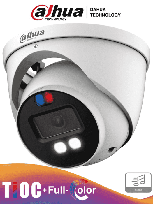 DAHUA HAC-ME1509H-A-PV-S2 -  Camara Domo TioC de 5 Megapixeles/ Iluminador Dual Inteligente/ Lente de 2.8mm/ 111 Grados de Apertura/ 40 Metros de Iluminación Visible e IR/ Estrobo de Luz Roja y Azul/ Super Adapt/ Microfono Integrado/ WDR Real/