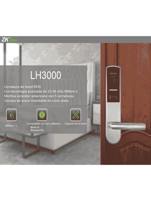 ZKTECO LH3000R - Cerradura Derecha para Hotel con Tecnología Mifare 13.56 MHz, Compatible con Puertas de 40 a 55 mm de Grosor, 2 Pestillos de Seguridad, Fabricada en Acero Inoxidable, Capacidad de Registro de 224 Eventos